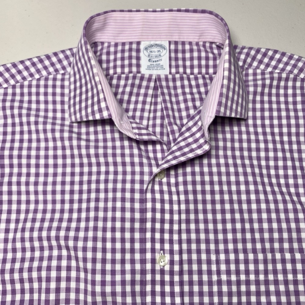 Brooks Brothers 1818 Shirt 16.5 35 L/S Button Up Cutaway Classic Purple Gingham